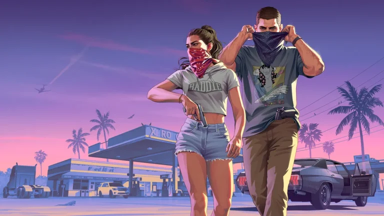 Jason and Lucia leaving a store robbery, official GTA VI artwork
